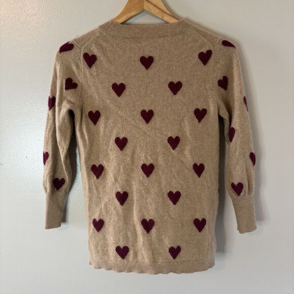 J.Crew 100% Cashmere Sweater Beige Red Hearts 3/4 Sleeve Pullover Womens Sz XS - Picture 4 of 5
